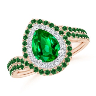 8x6mm AAAA Pear Emerald Two Tone Bypass Ring with Double Halo in Rose Gold White Gold