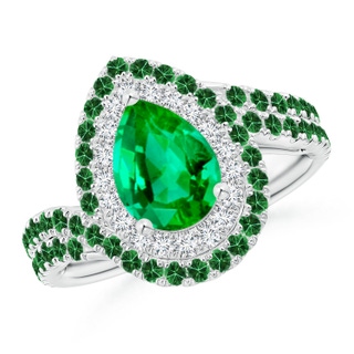 9x6mm AAA Pear Emerald Two Tone Bypass Ring with Double Halo in P950 Platinum