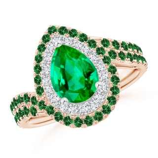 9x6mm AAA Pear Emerald Two Tone Bypass Ring with Double Halo in Rose Gold White Gold