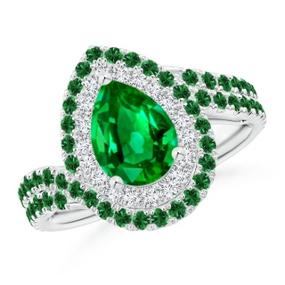 9x6mm AAAA Pear Emerald Two Tone Bypass Ring with Double Halo in P950 Platinum