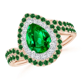 9x6mm AAAA Pear Emerald Two Tone Bypass Ring with Double Halo in Rose Gold White Gold