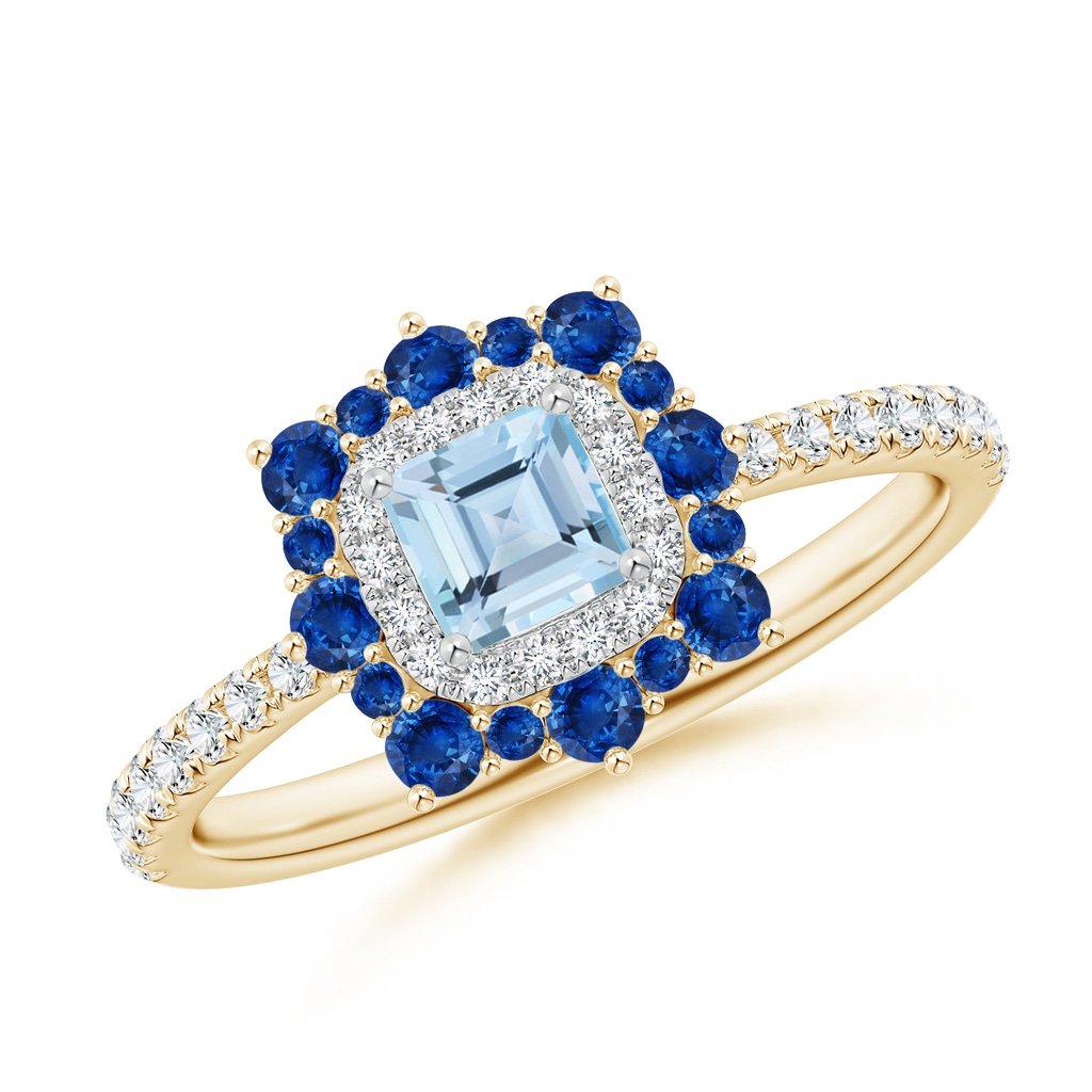 4mm AAA Square Aquamarine Two Tone Ring with Ornate Double Halo in Yellow Gold White Gold