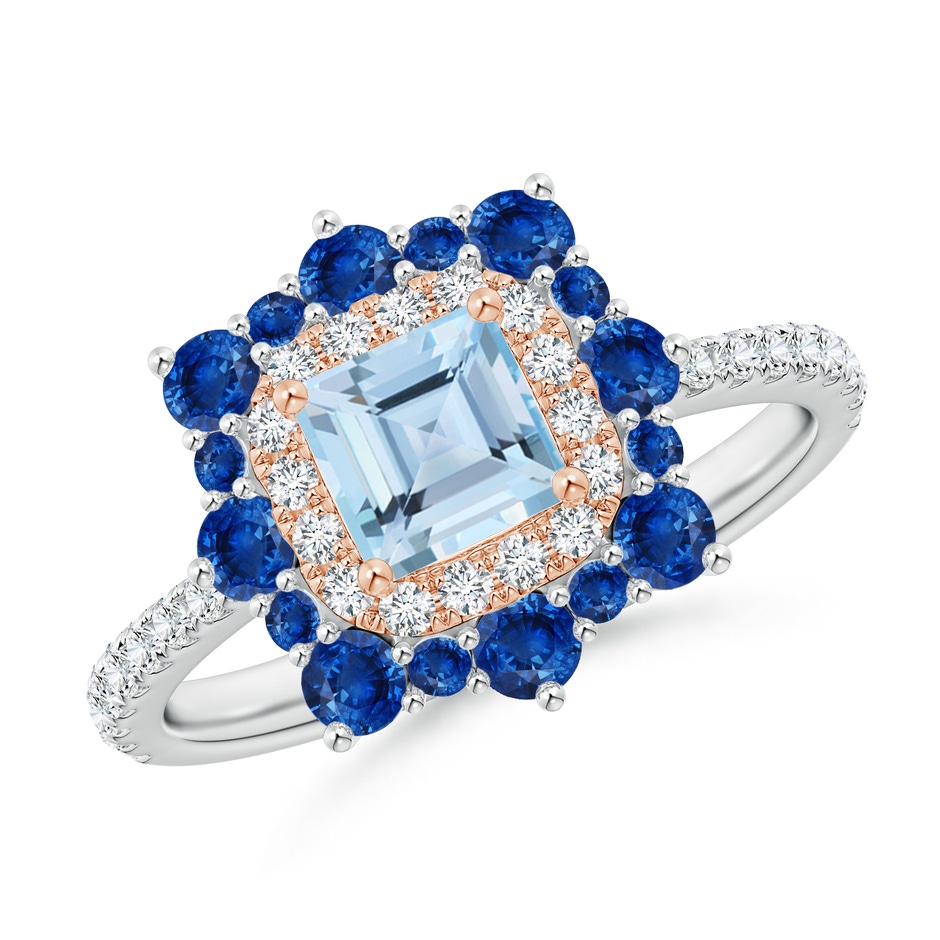 5mm AAA Square Aquamarine Two Tone Ring with Ornate Double Halo in White Gold Rose Gold 