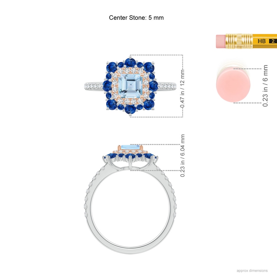 5mm AAA Square Aquamarine Two Tone Ring with Ornate Double Halo in White Gold Rose Gold ruler