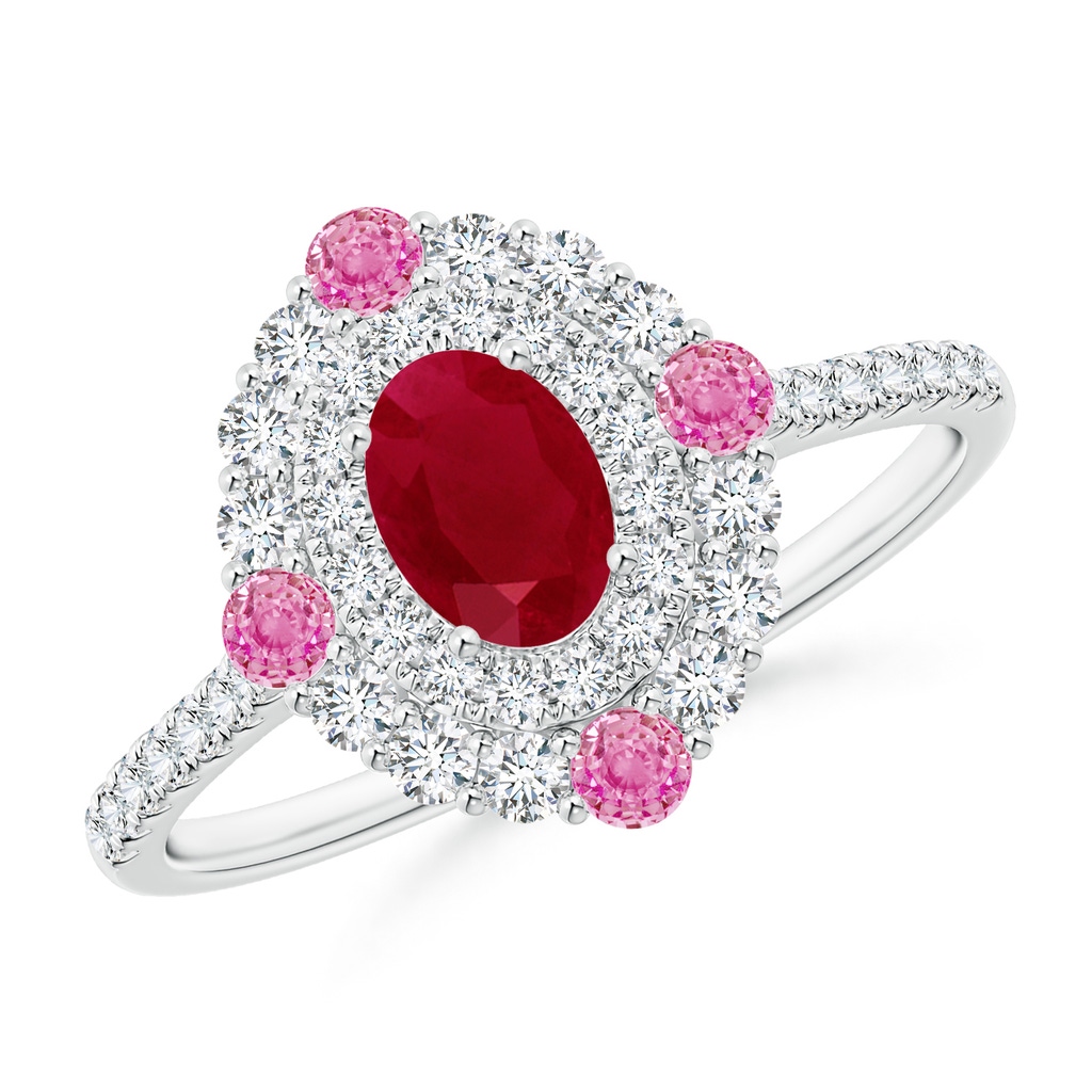 6x4mm AA Oval Ruby Double Halo Two Tone Ring with Pink Sapphire in White Gold 