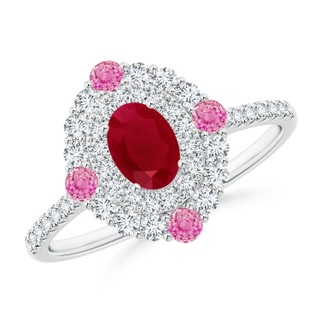 6x4mm AA Oval Ruby Double Halo Two Tone Ring with Pink Sapphire in White Gold