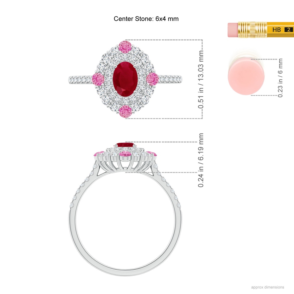 6x4mm AA Oval Ruby Double Halo Two Tone Ring with Pink Sapphire in White Gold Ruler