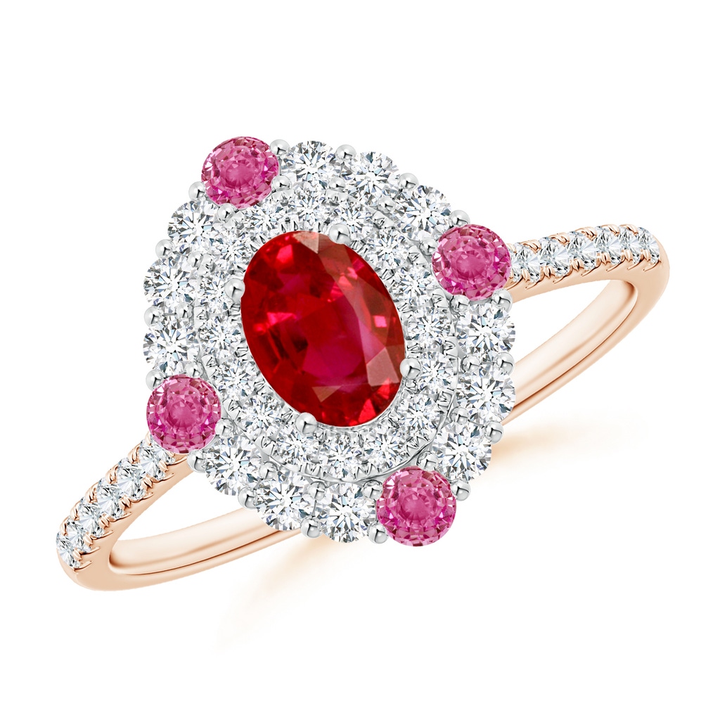 6x4mm AAA Oval Ruby Double Halo Two Tone Ring with Pink Sapphire in Rose Gold White Gold