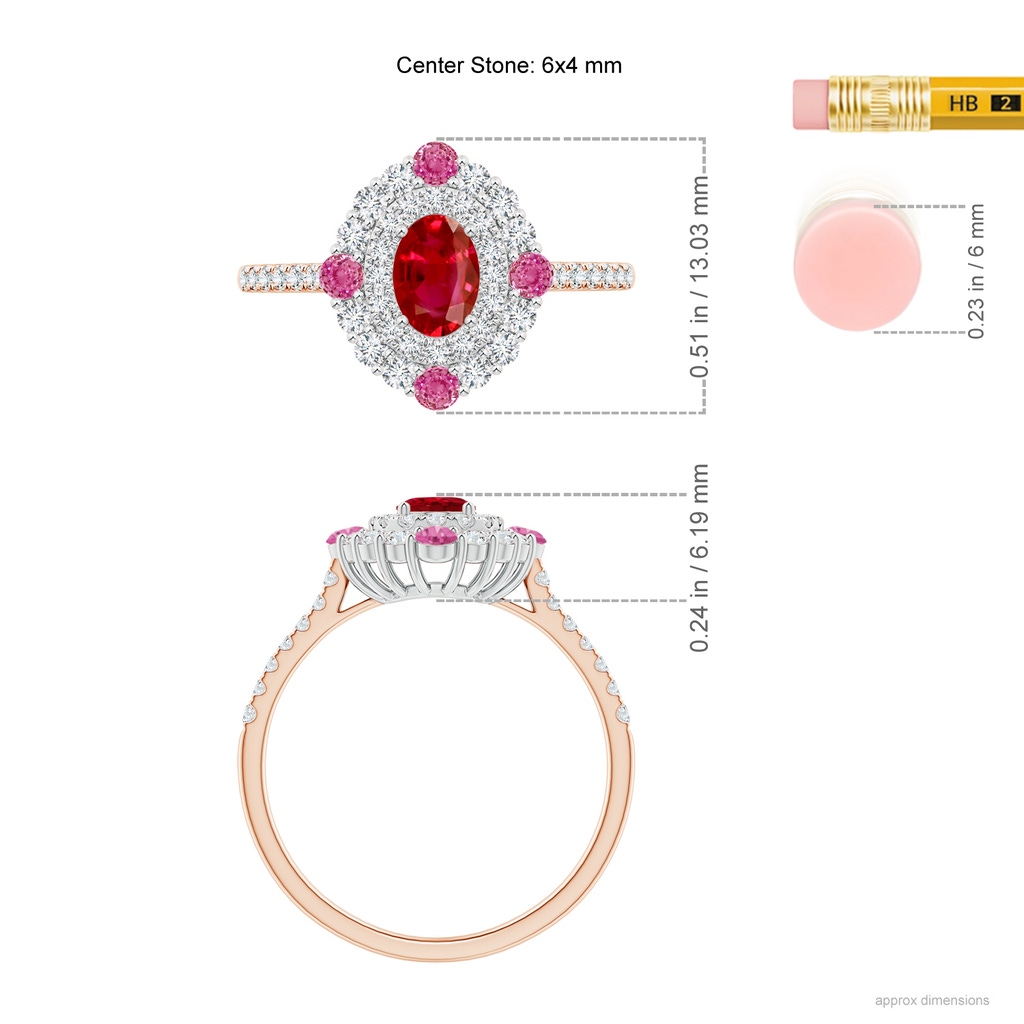 6x4mm AAA Oval Ruby Double Halo Two Tone Ring with Pink Sapphire in Rose Gold White Gold Ruler