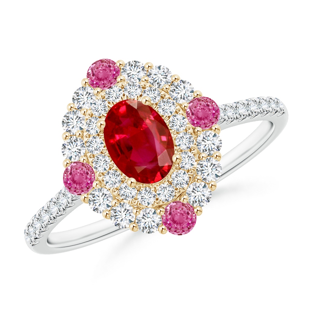6x4mm AAA Oval Ruby Double Halo Two Tone Ring with Pink Sapphire in White Gold Yellow Gold