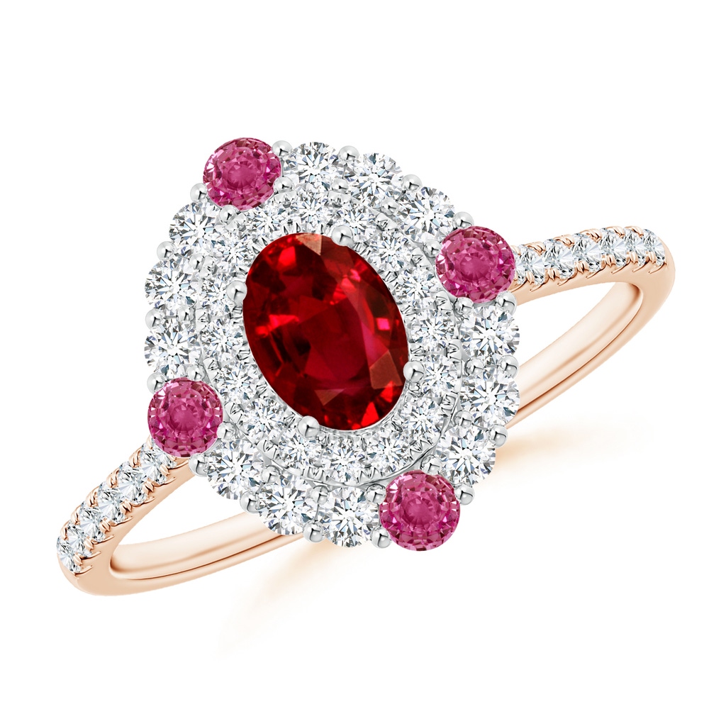 6x4mm AAAA Oval Ruby Double Halo Two Tone Ring with Pink Sapphire in Rose Gold White Gold