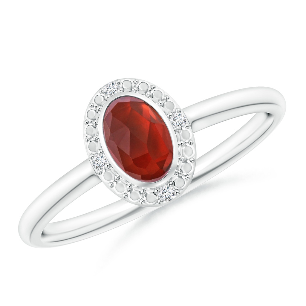 6x4mm AAA Bezel-Set Oval Garnet Ring with Beaded Halo in White Gold