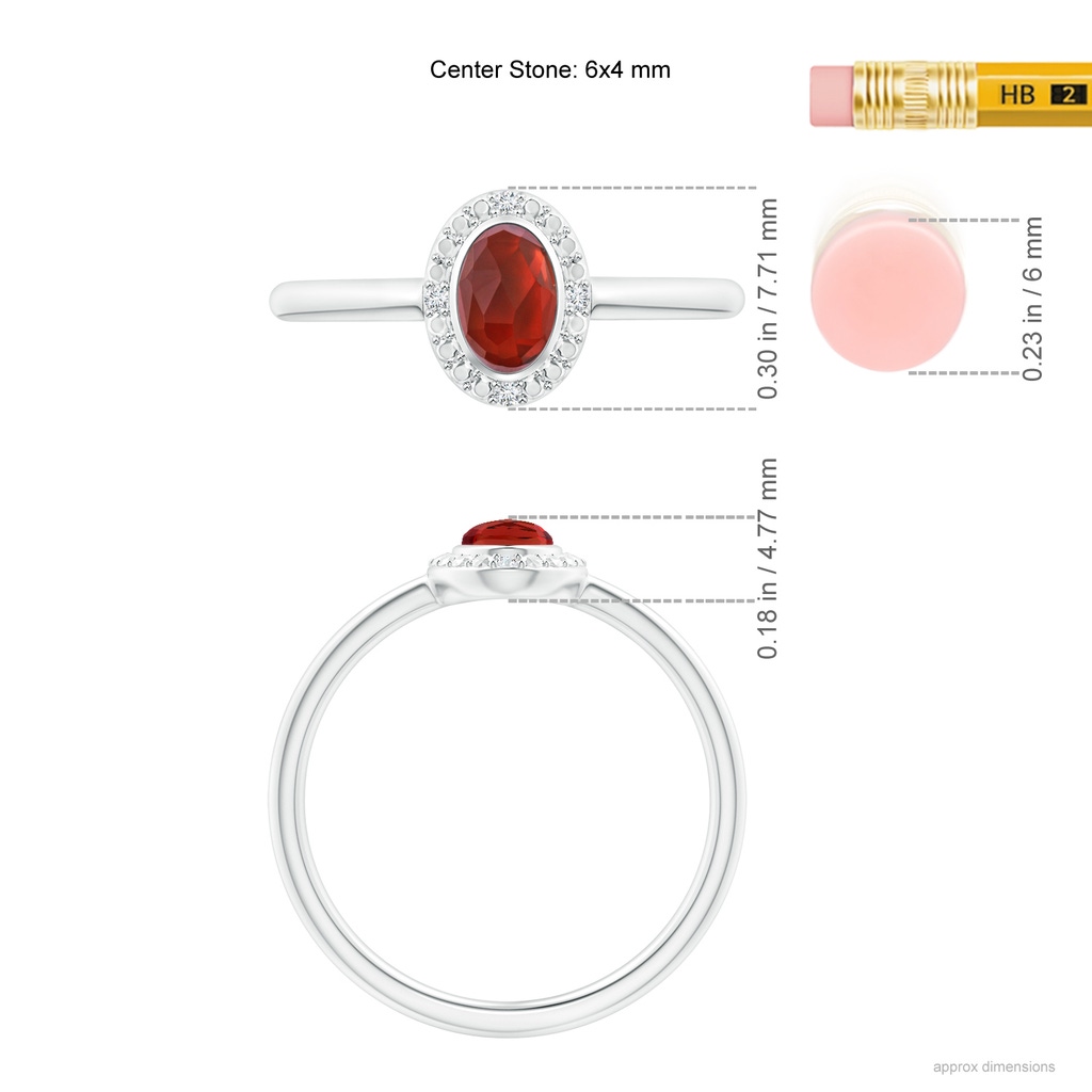 6x4mm AAA Bezel-Set Oval Garnet Ring with Beaded Halo in White Gold Ruler