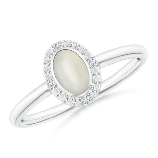 6x4mm AAA Bezel-Set Oval Moonstone Ring with Beaded Halo in White Gold