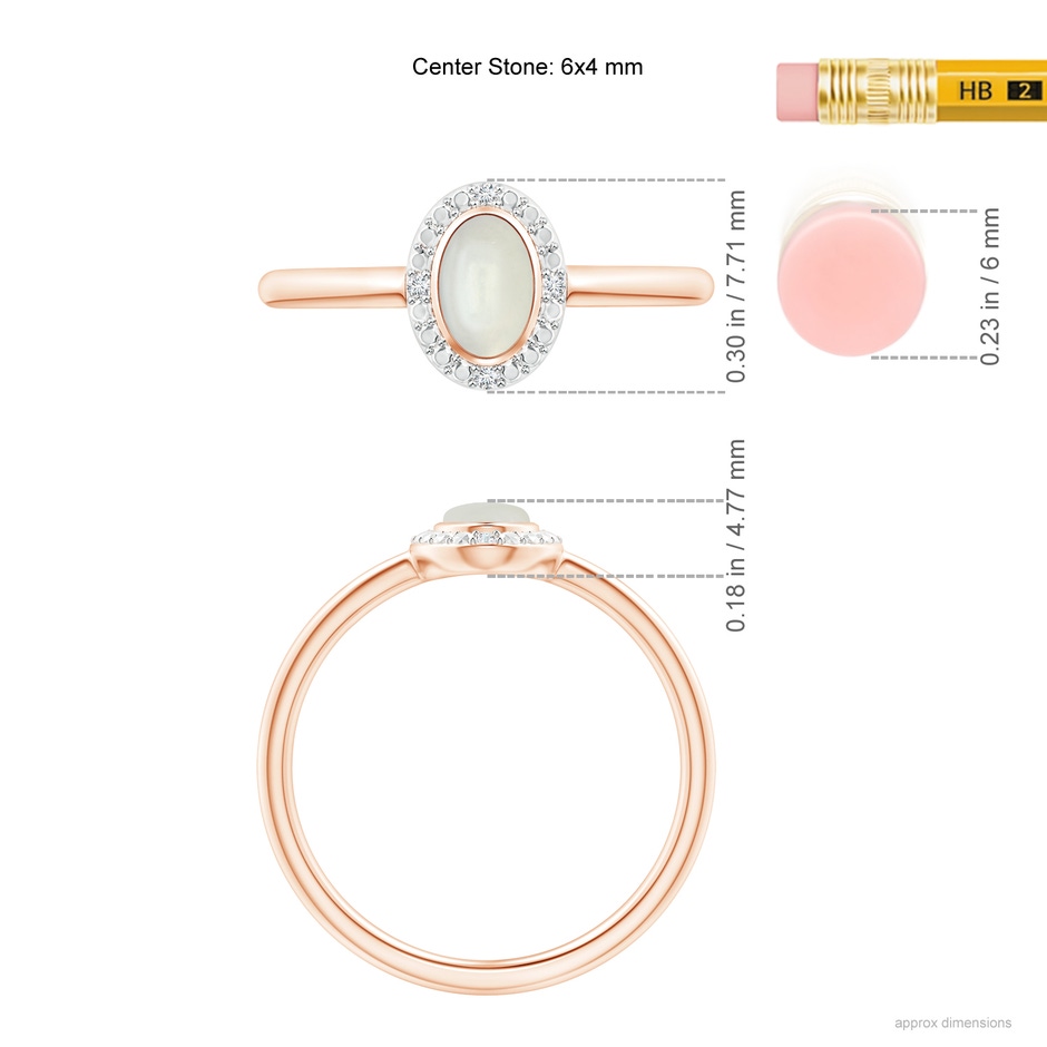 6x4mm AAAA Bezel-Set Oval Moonstone Ring with Beaded Halo in Rose Gold ruler