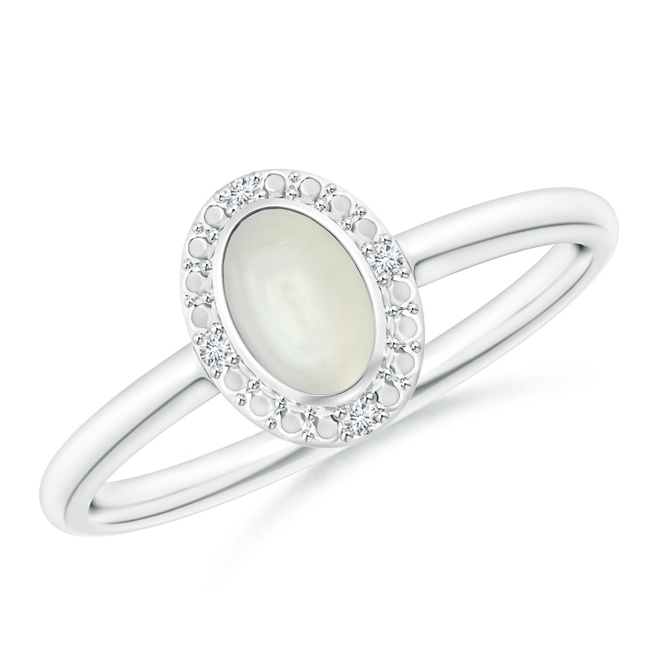 6x4mm AAAA Bezel-Set Oval Moonstone Ring with Beaded Halo in White Gold 