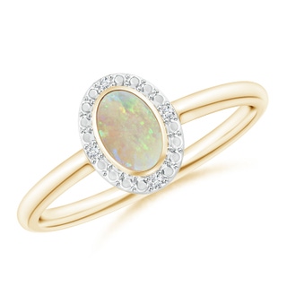 6x4mm AAA Bezel-Set Oval Opal Ring with Diamonds in 9K Yellow Gold