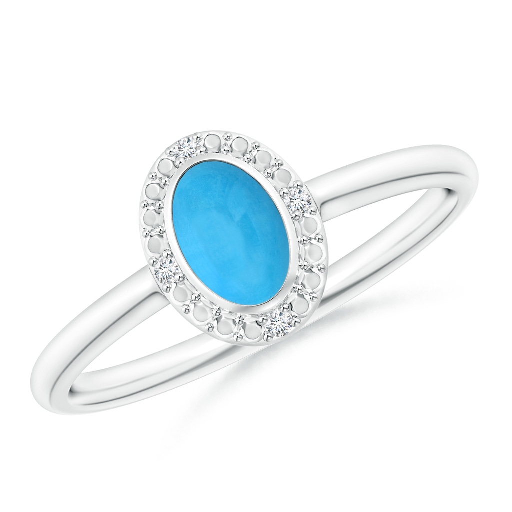 6x4mm AAA Bezel-Set Oval Turquoise Ring with Beaded Halo in White Gold
