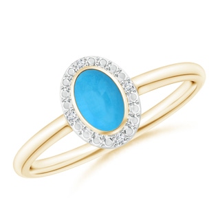 6x4mm AAA Bezel-Set Oval Turquoise Ring with Beaded Halo in Yellow Gold