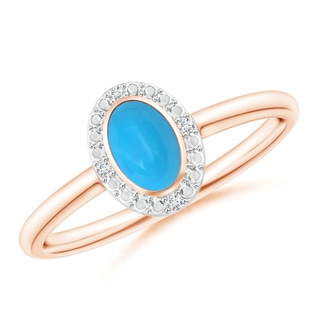 6x4mm AAAA Bezel-Set Oval Turquoise Ring with Beaded Halo in Rose Gold