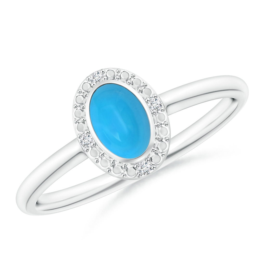 6x4mm AAAA Bezel-Set Oval Turquoise Ring with Beaded Halo in White Gold