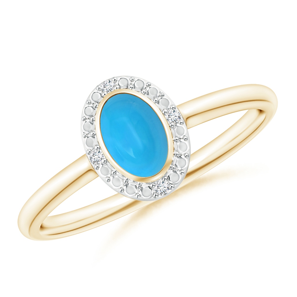 6x4mm AAAA Bezel-Set Oval Turquoise Ring with Beaded Halo in Yellow Gold