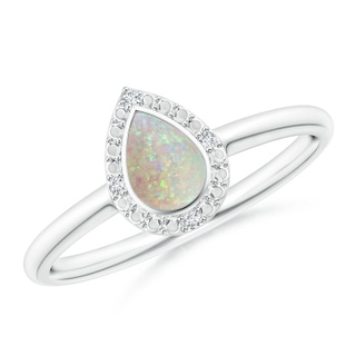 6x4mm AAA Bezel-Set Pear-Shaped Opal Ring with Beaded Halo in White Gold