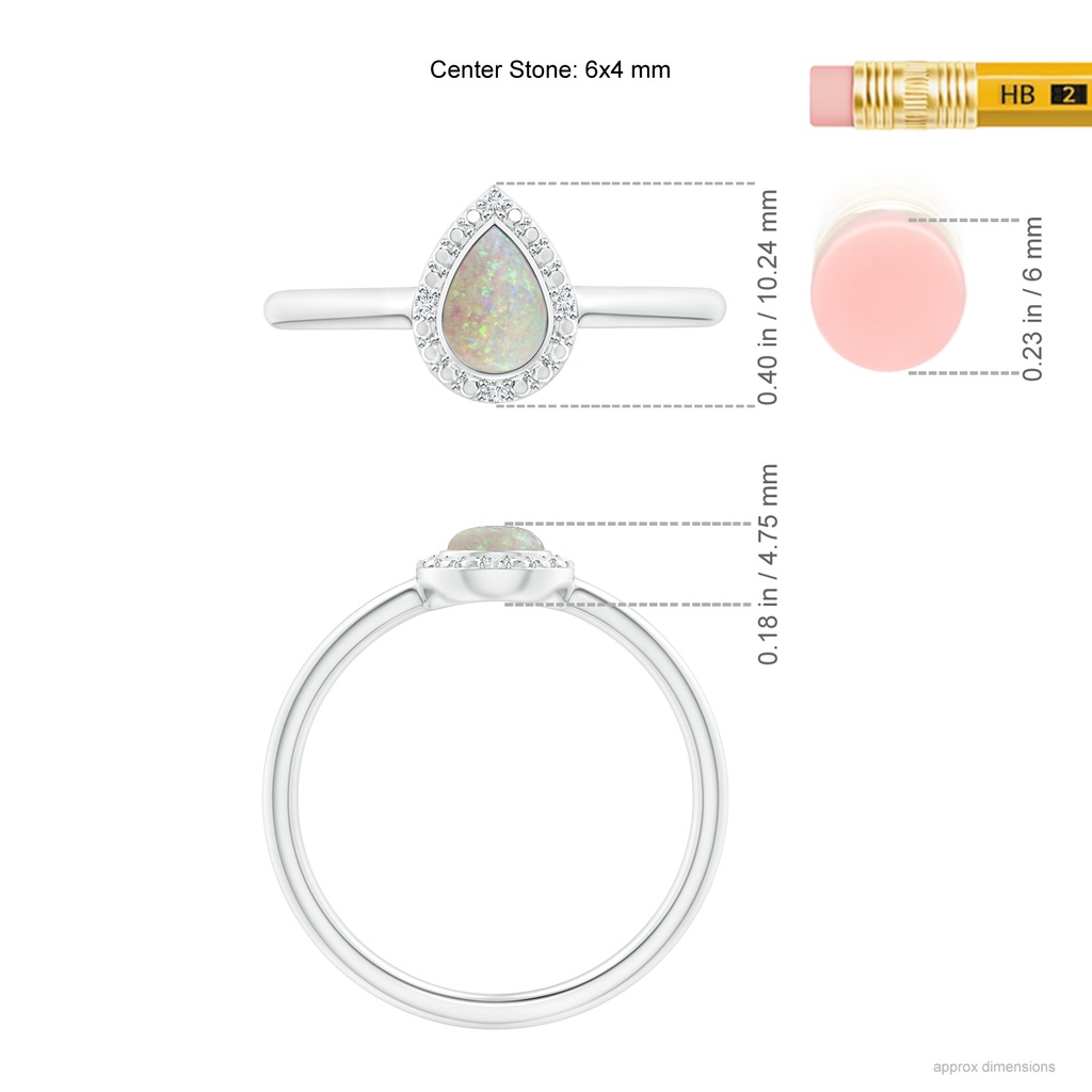 6x4mm AAA Bezel-Set Pear-Shaped Opal Ring with Beaded Halo in White Gold Ruler