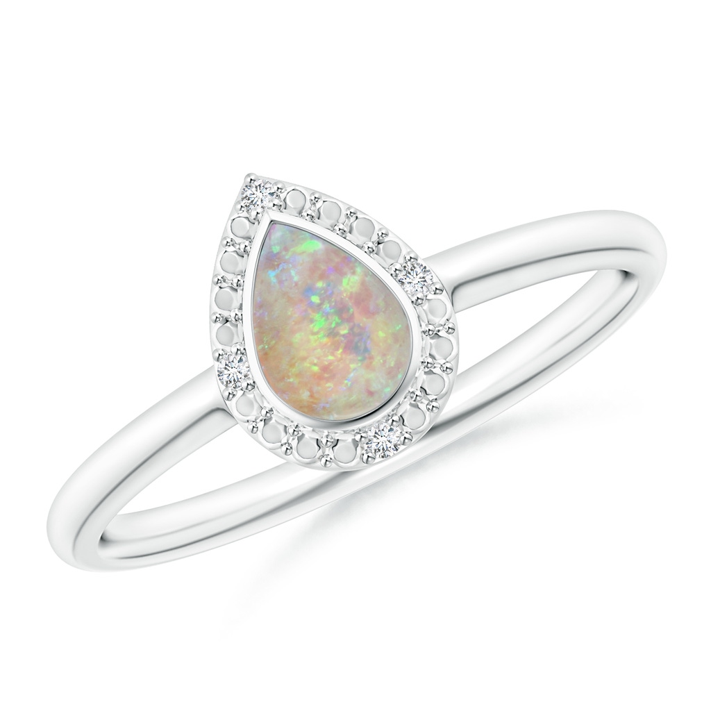 6x4mm AAAA Bezel-Set Pear-Shaped Opal Ring with Beaded Halo in 9K White Gold