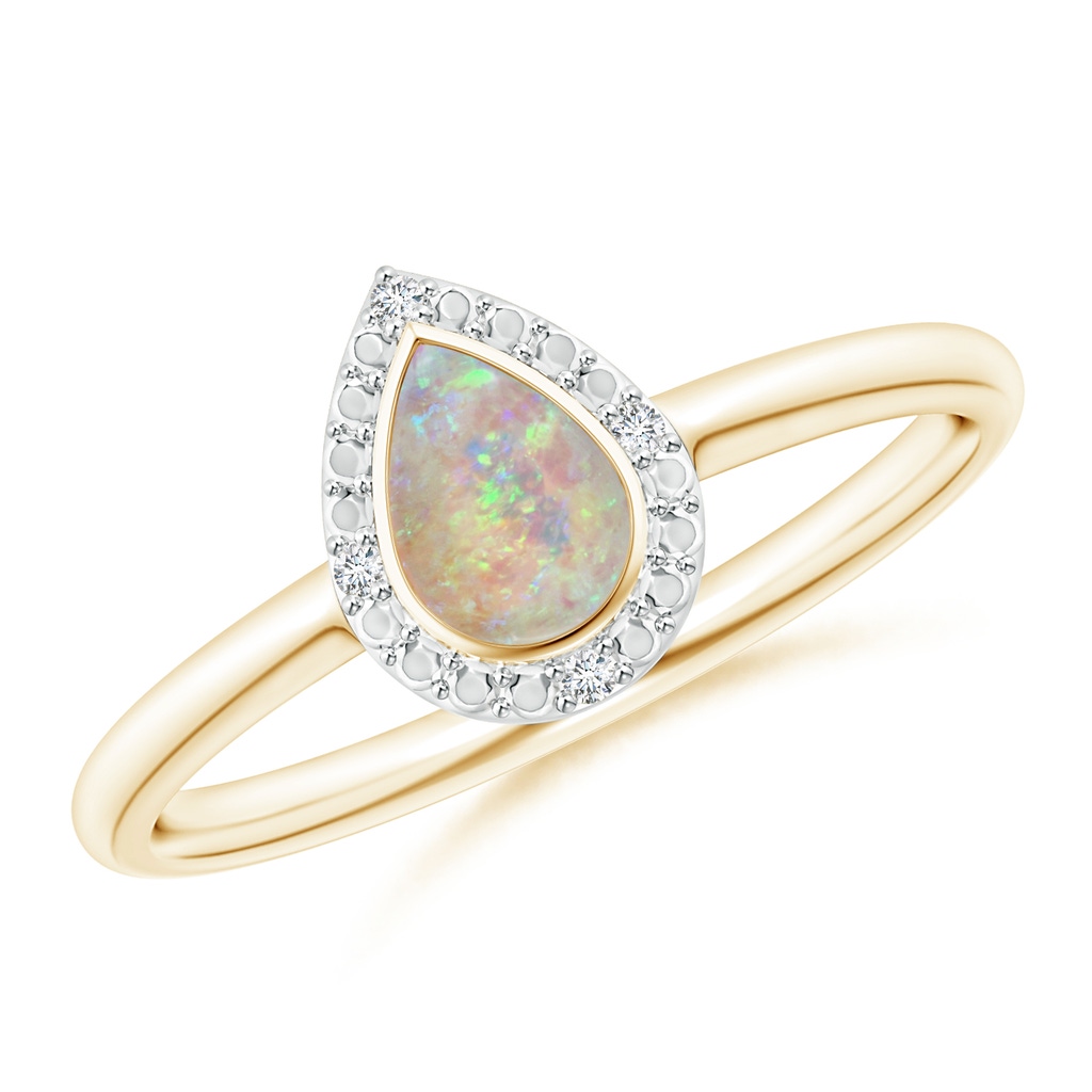 6x4mm AAAA Bezel-Set Pear-Shaped Opal Ring with Beaded Halo in Yellow Gold