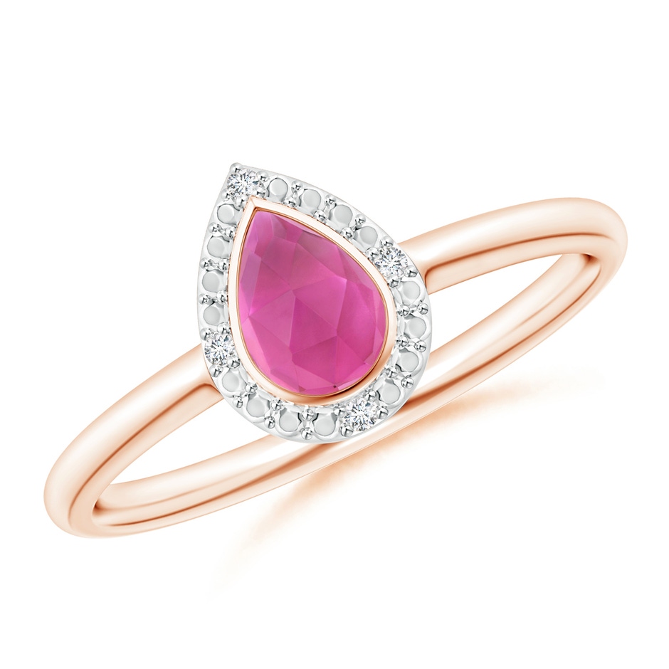 6x4mm AAA Bezel-Set Pear-Shaped Pink Tourmaline Ring with Beaded Halo in Rose Gold 