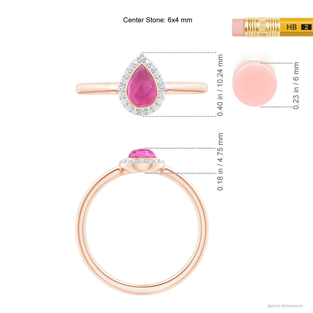 6x4mm AAA Bezel-Set Pear-Shaped Pink Tourmaline Ring with Beaded Halo in Rose Gold Ruler