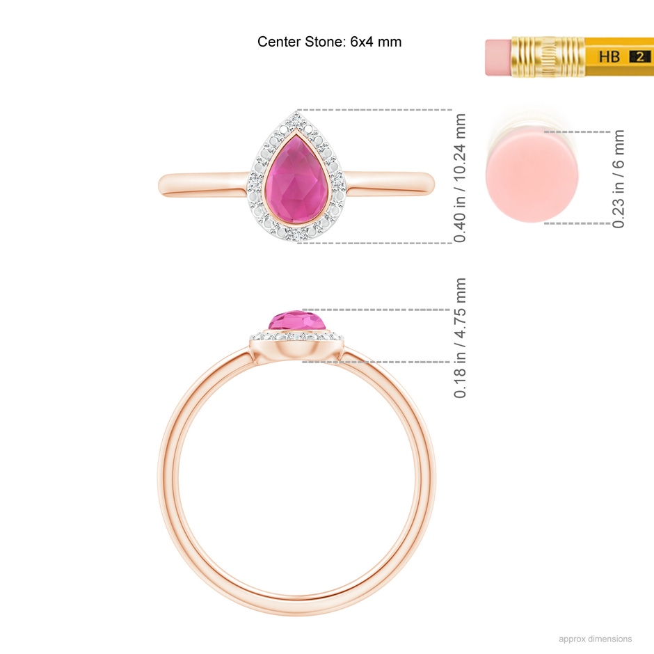 6x4mm AAA Bezel-Set Pear-Shaped Pink Tourmaline Ring with Beaded Halo in Rose Gold ruler