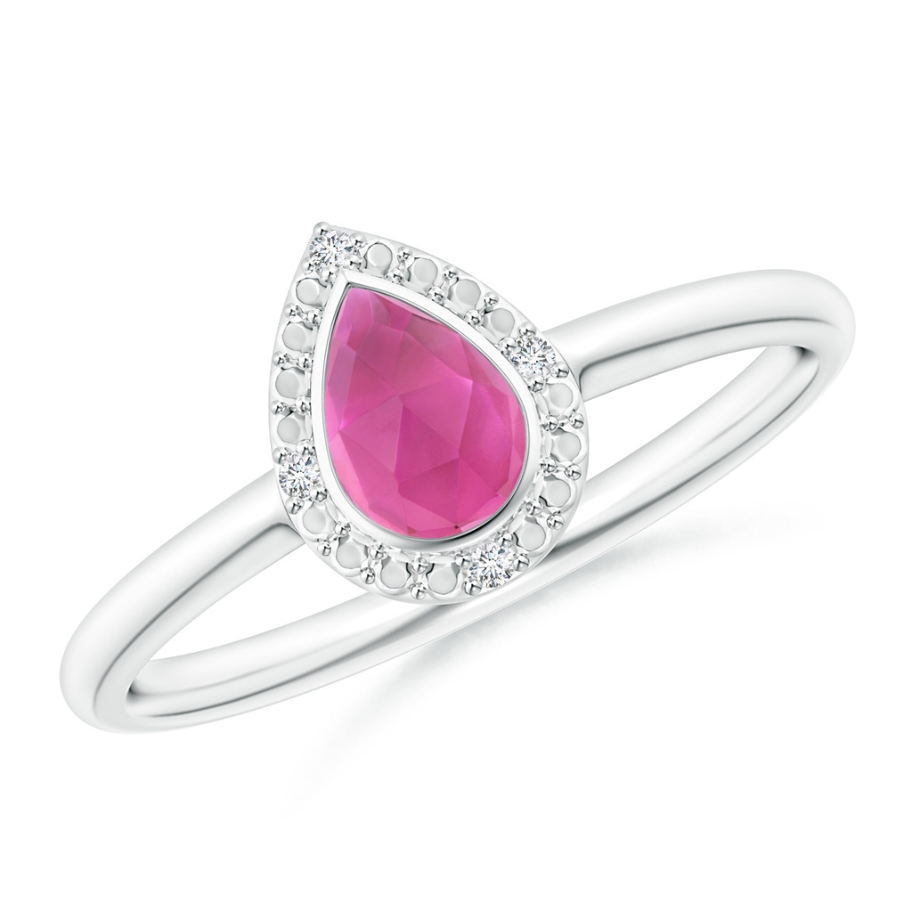 6x4mm AAA Bezel-Set Pear-Shaped Pink Tourmaline Ring with Beaded Halo in White Gold