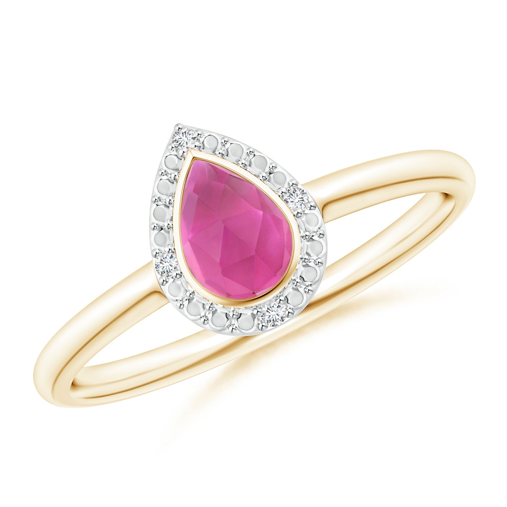 6x4mm AAA Bezel-Set Pear-Shaped Pink Tourmaline Ring with Beaded Halo in Yellow Gold