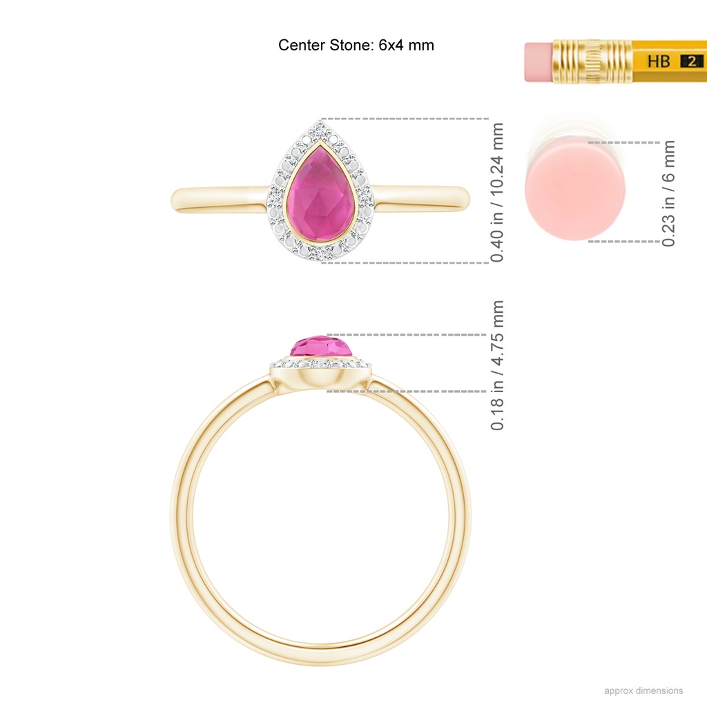 6x4mm AAA Bezel-Set Pear-Shaped Pink Tourmaline Ring with Beaded Halo in Yellow Gold Ruler