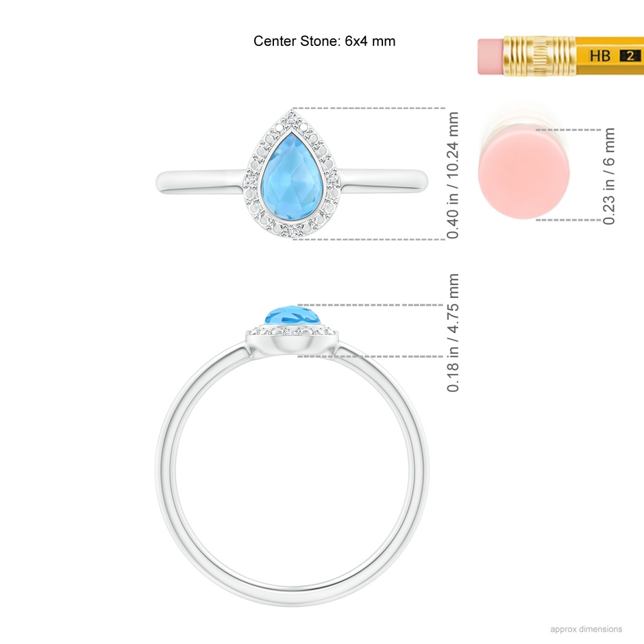 6x4mm AAA Bezel-Set Pear Swiss Blue Topaz Ring with Diamond Halo in White Gold ruler