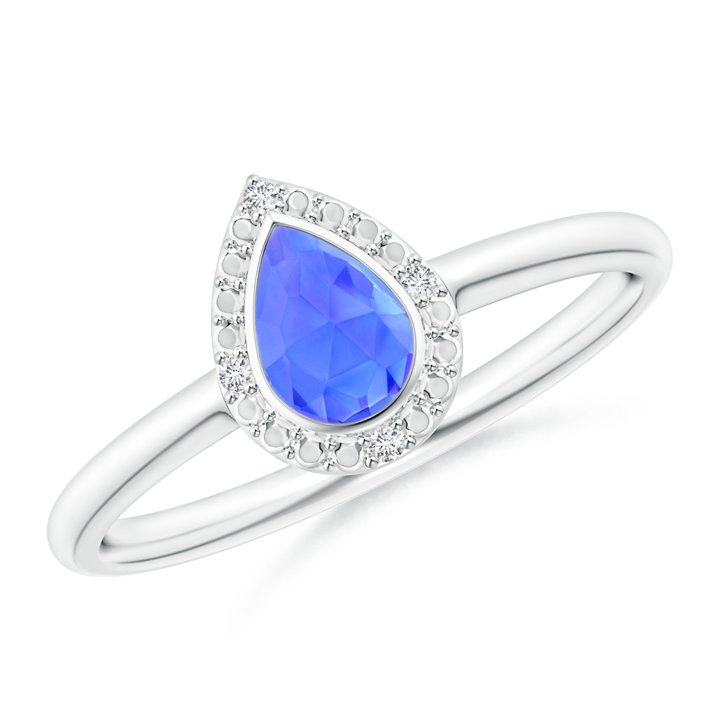 6x4mm AAA Bezel-Set Pear-Shaped Tanzanite Ring with Beaded Halo in White Gold