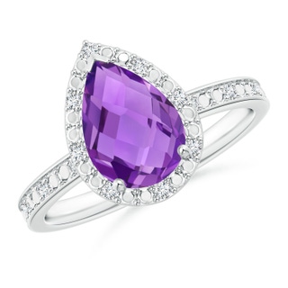 10x7mm AAA Prong-Set Pear-Shaped Amethyst Ring with Beaded Halo in White Gold