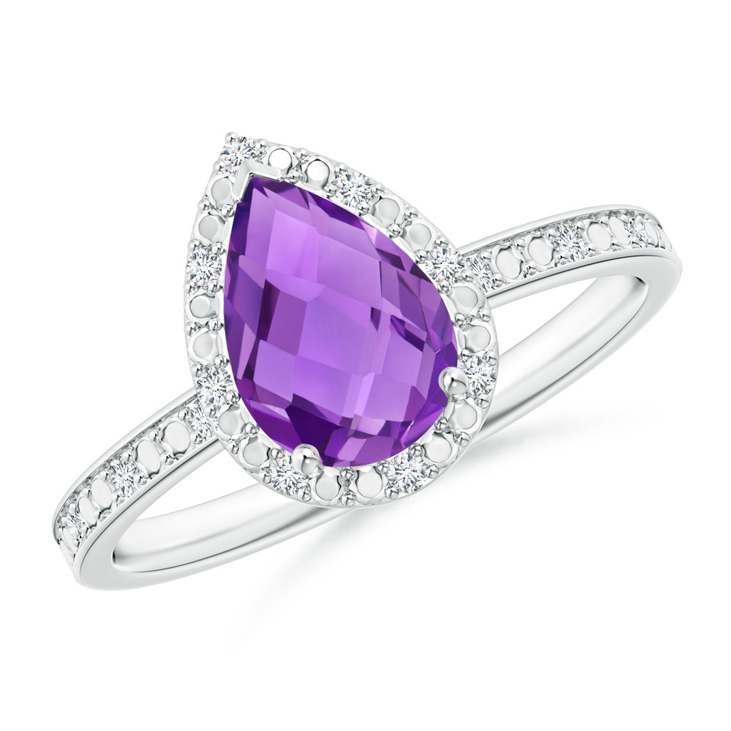 9x6mm AAA Prong-Set Pear-Shaped Amethyst Ring with Beaded Halo in White Gold