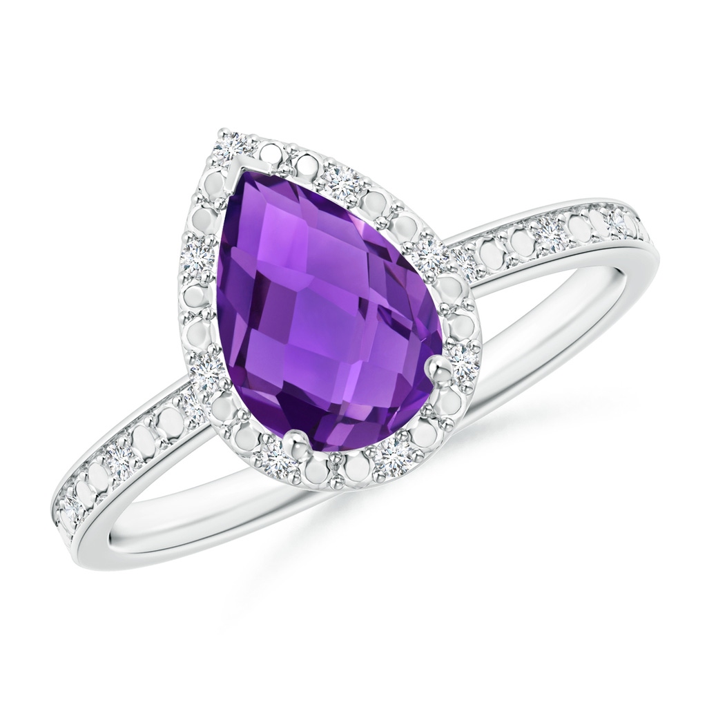 9x6mm AAAA Prong-Set Pear-Shaped Amethyst Ring with Beaded Halo in White Gold