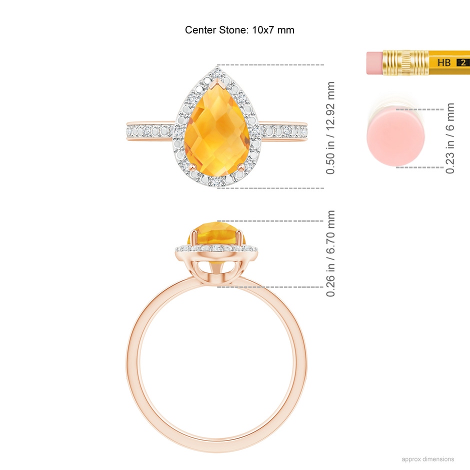 10x7mm A Prong-Set Pear-Shaped Citrine Ring with Beaded Halo in Rose Gold ruler