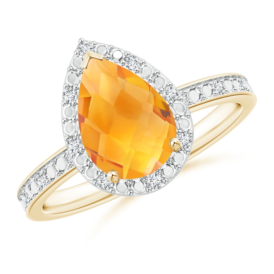 10x7mm AA Prong-Set Pear-Shaped Citrine Ring with Beaded Halo in Yellow Gold 