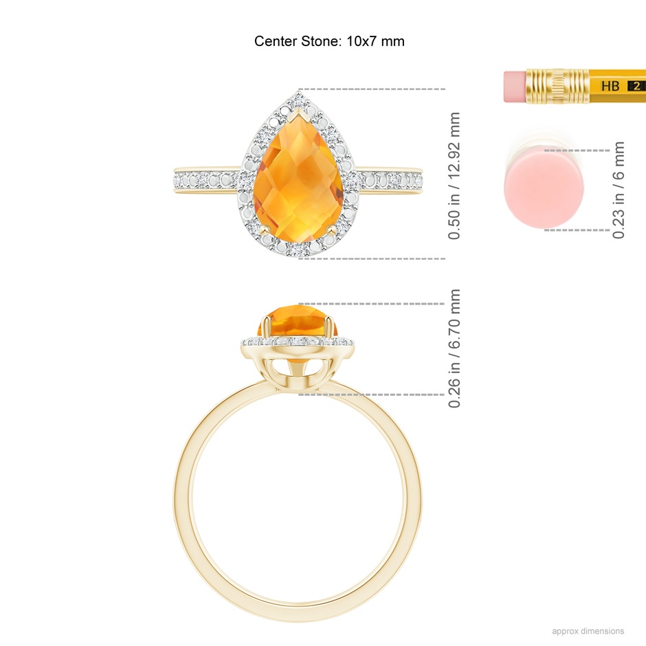 10x7mm AA Prong-Set Pear-Shaped Citrine Ring with Beaded Halo in Yellow Gold ruler