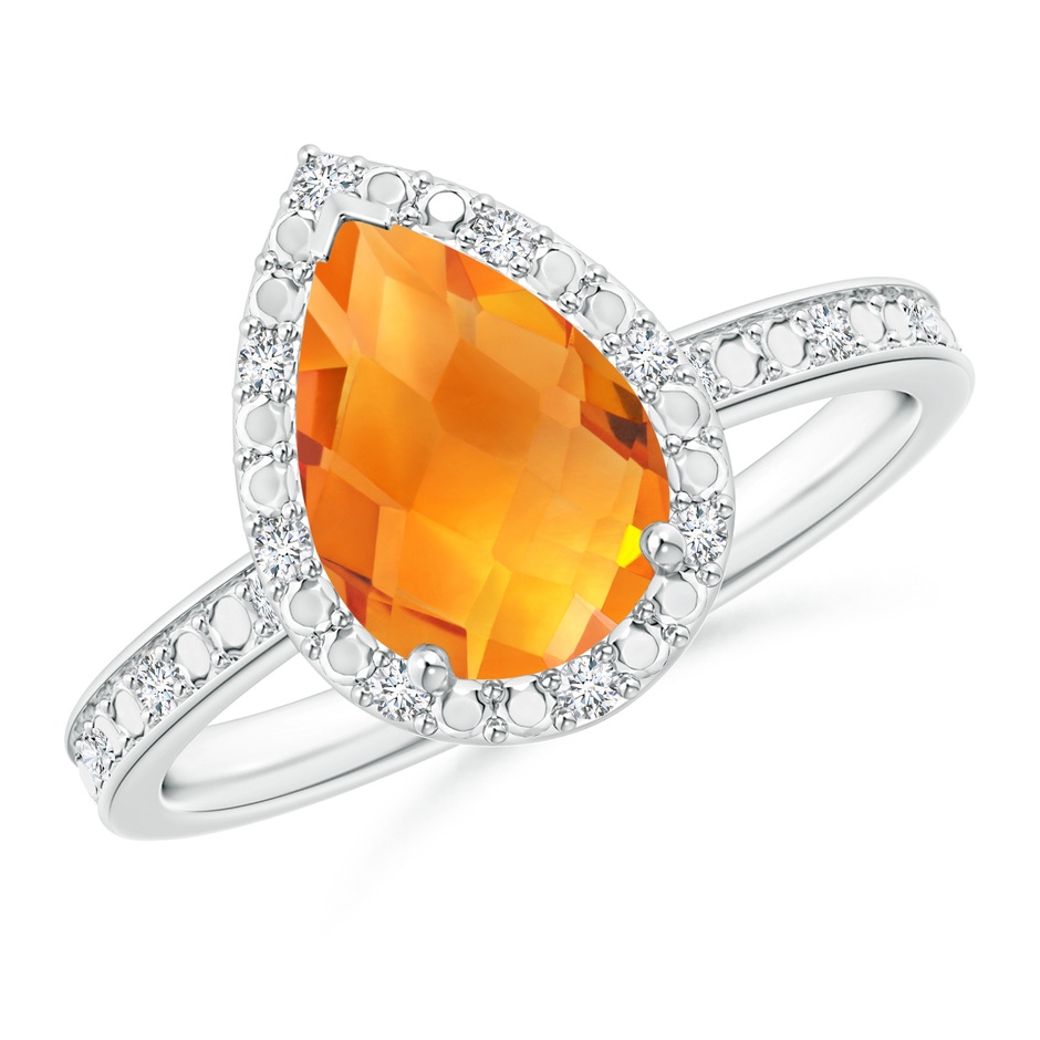 10x7mm AAA Prong-Set Pear-Shaped Citrine Ring with Beaded Halo in White Gold 