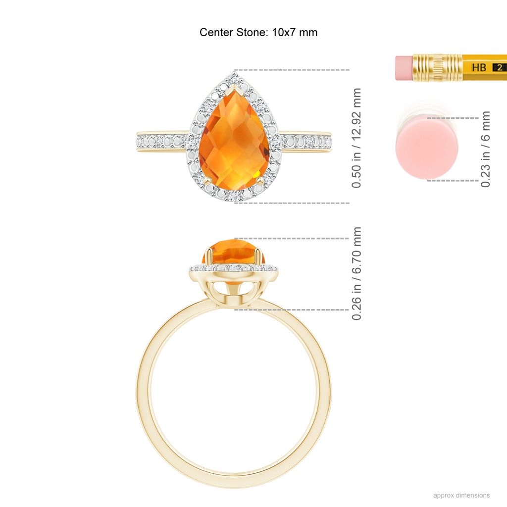 10x7mm AAA Prong-Set Pear-Shaped Citrine Ring with Beaded Halo in Yellow Gold Ruler