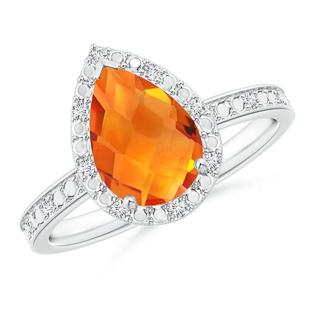 10x7mm AAAA Prong-Set Pear-Shaped Citrine Ring with Beaded Halo in White Gold