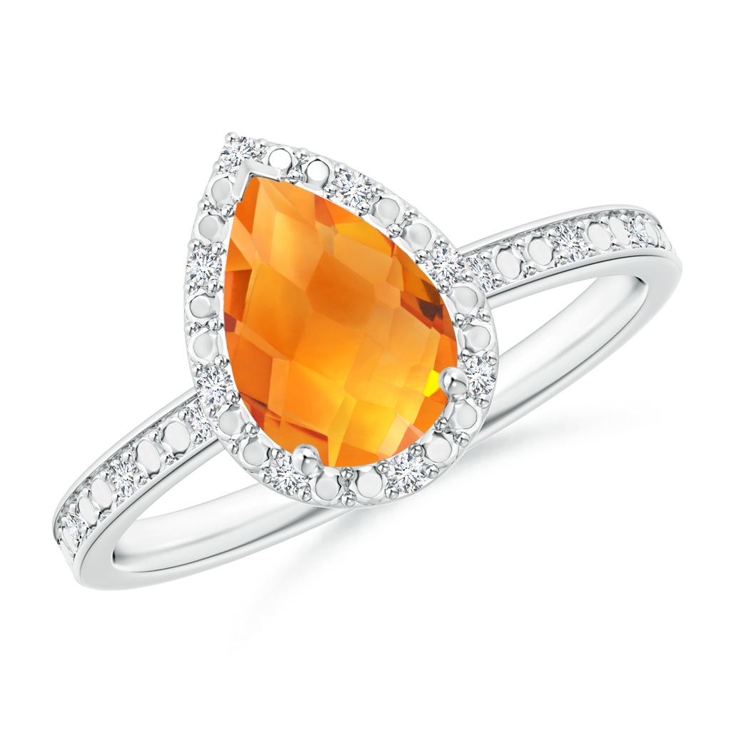 9x6mm AAA Prong-Set Pear-Shaped Citrine Ring with Beaded Halo in White Gold