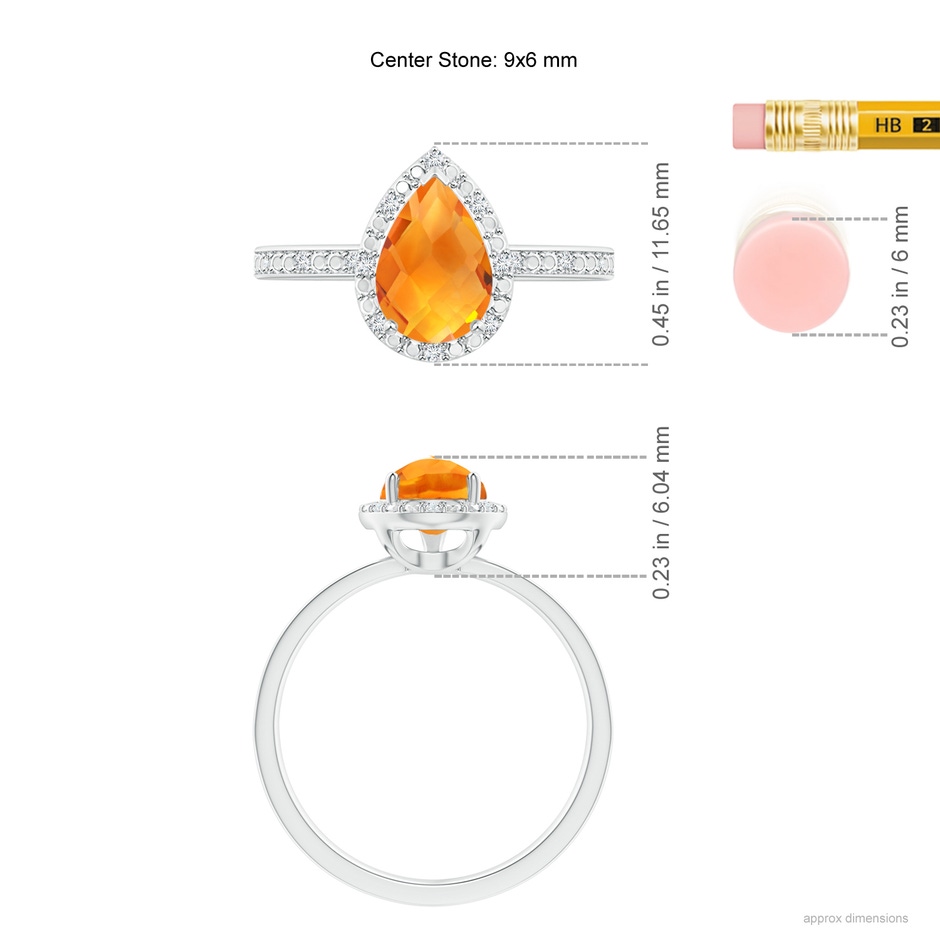 9x6mm AAA Prong-Set Pear-Shaped Citrine Ring with Beaded Halo in White Gold ruler