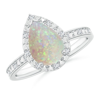 10x7mm AAA Prong-Set Pear-Shaped Opal Ring with Beaded Halo in White Gold